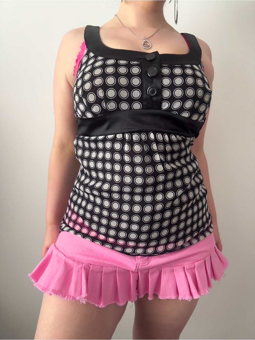 y2k retro mod polka dot babydoll top with chunky buttons